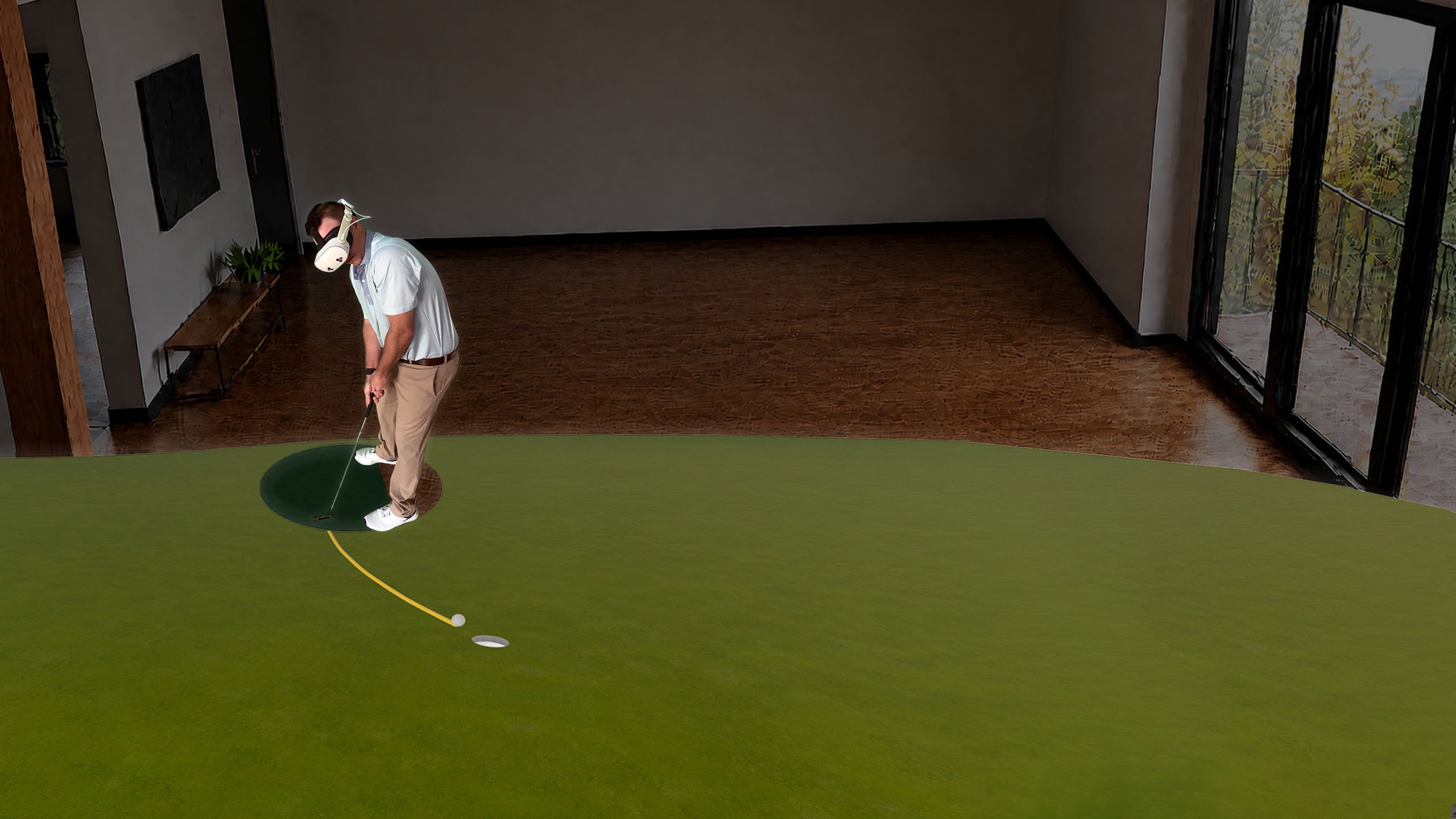 A golfer wearing a Meta Quest headset putting across a full-scale championship green rendered on his living room floor, the ball tracking along a curved line toward the hole.