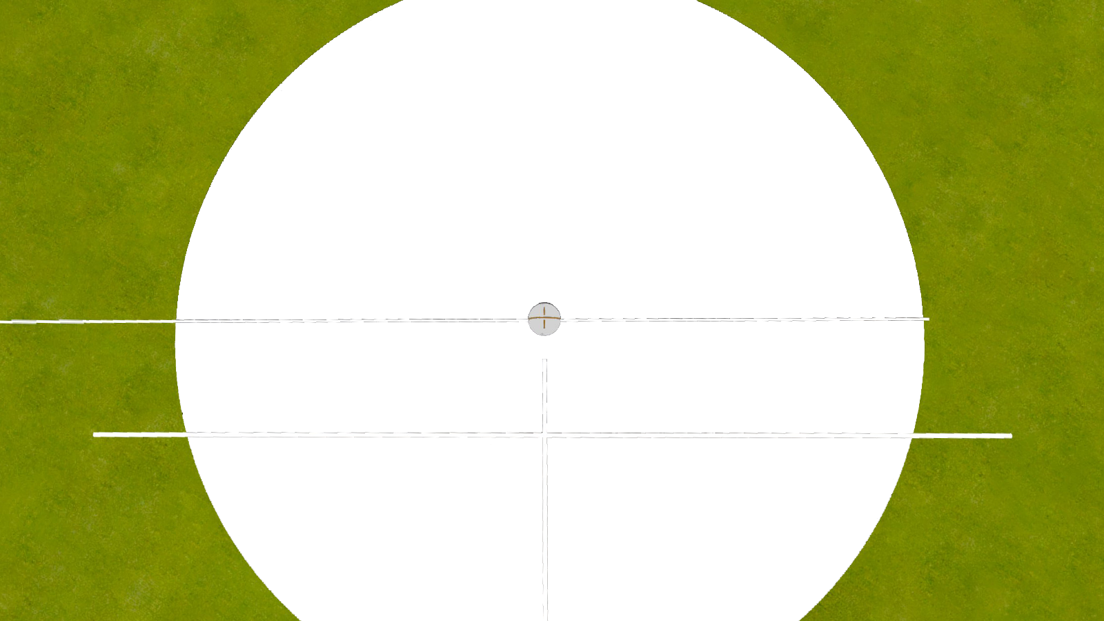 Looking down at the ball: the aiming line runs through it toward the target, and stance lines mark the ball position relative to the feet.