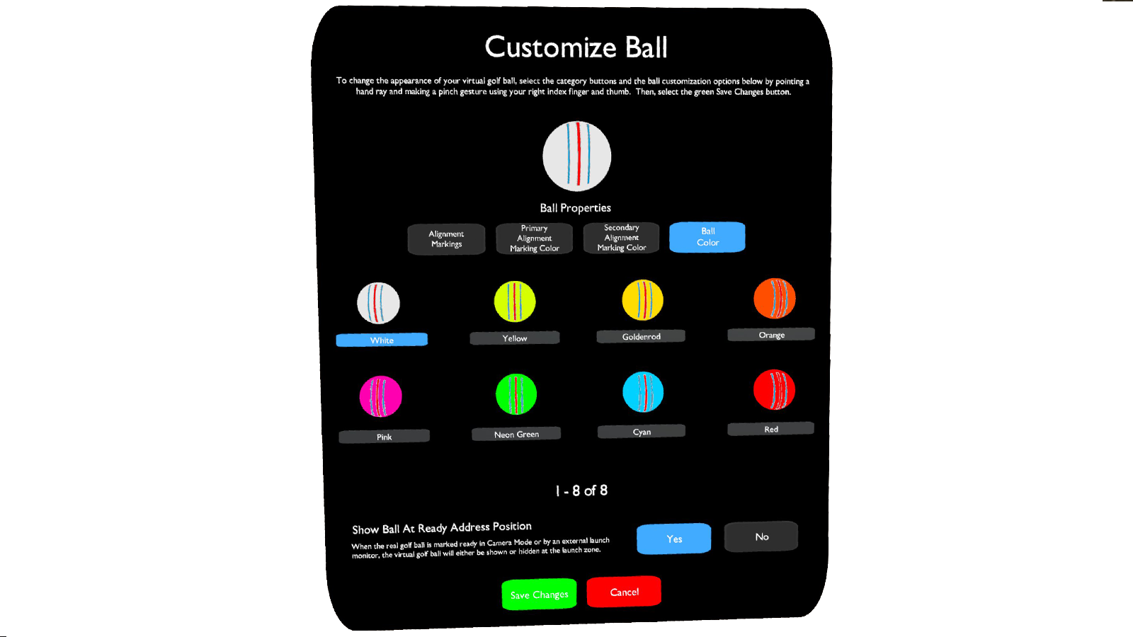 The Customize Ball panel: eight ball colors, alignment marking options, and a preview of the chosen ball.