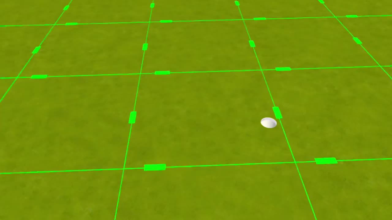 The break grid: a green mesh laid over the green, its dashes flowing downhill past the ball.