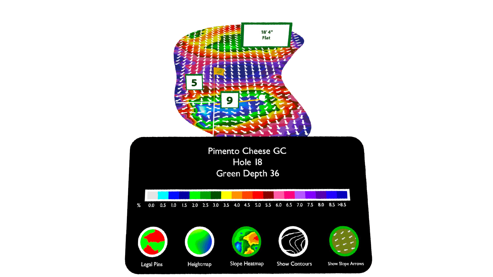 Course Mode: a green rendered as a slope heatmap with pin positions, a course panel showing hole and green depth, and view toggles for heatmap, contours and arrows.