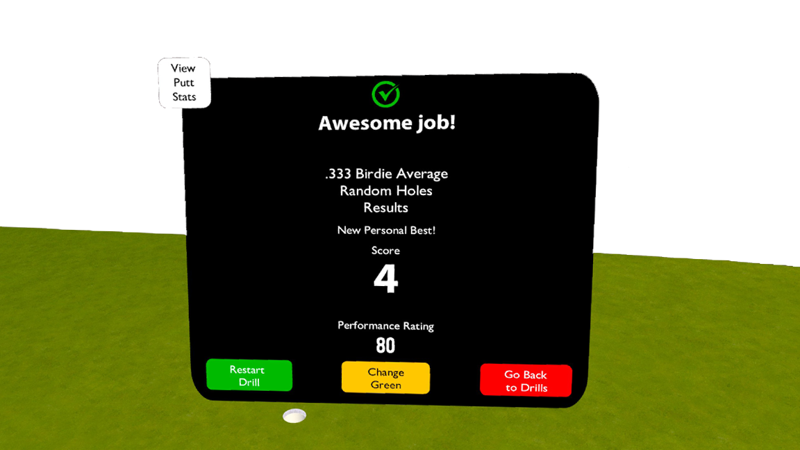 A drill results card on the green: Random Holes, a new personal best, score 4, performance rating 80, with buttons to restart the drill or change the green.