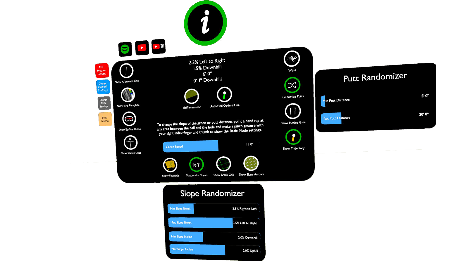 The Dynamic Practice controls floating over the green: slope and putt randomizer sliders, green speed, wind, and toggles for every training aid.