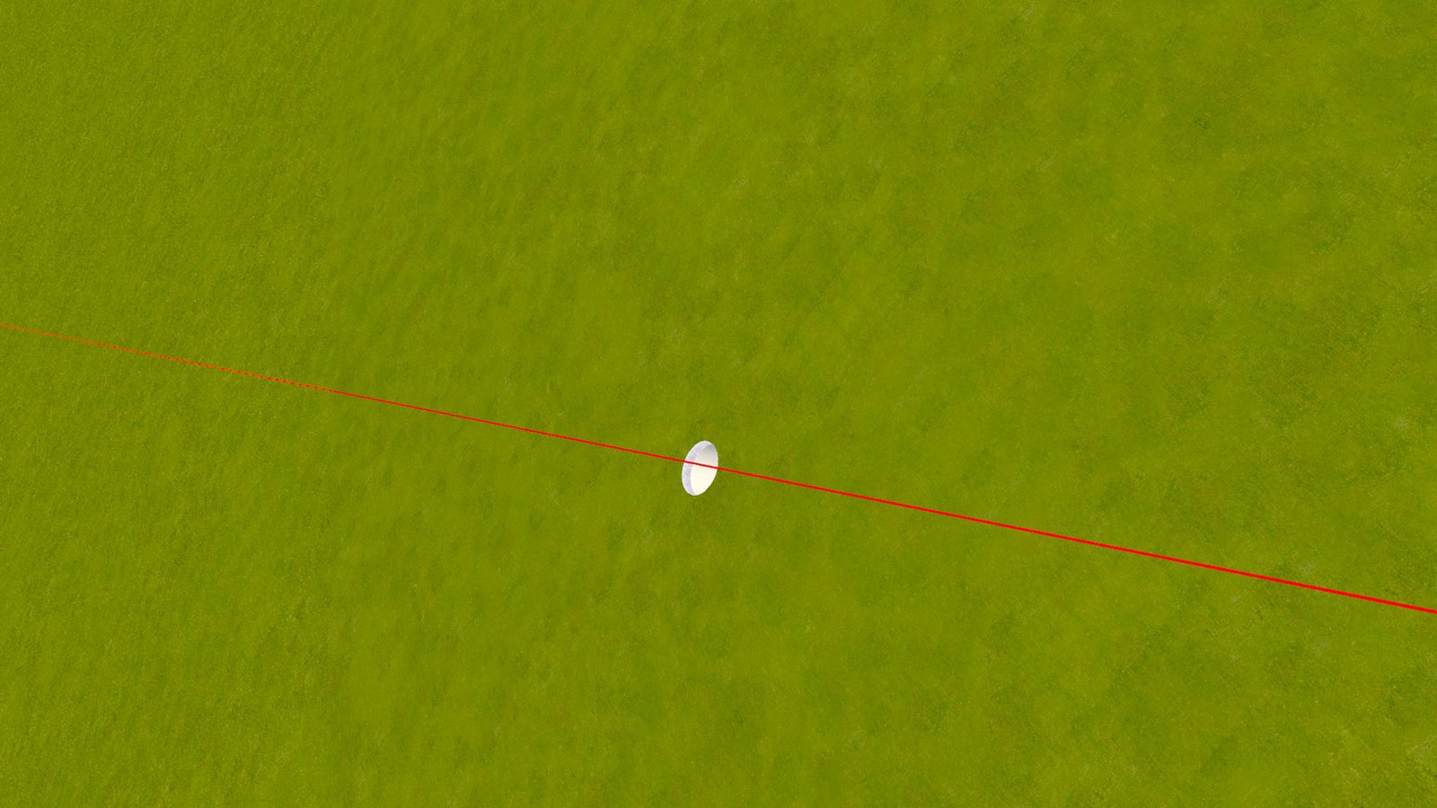 Looking straight down at the ball on the green, with the eyeline guide drawn as a red line through it.