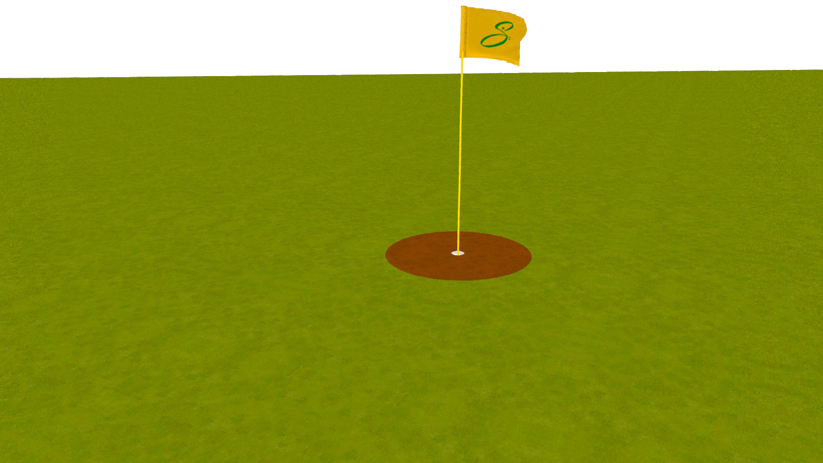 A hole with a yellow numbered flag in the flagstick, a painted cup rim, and a brown proximity radius around it.