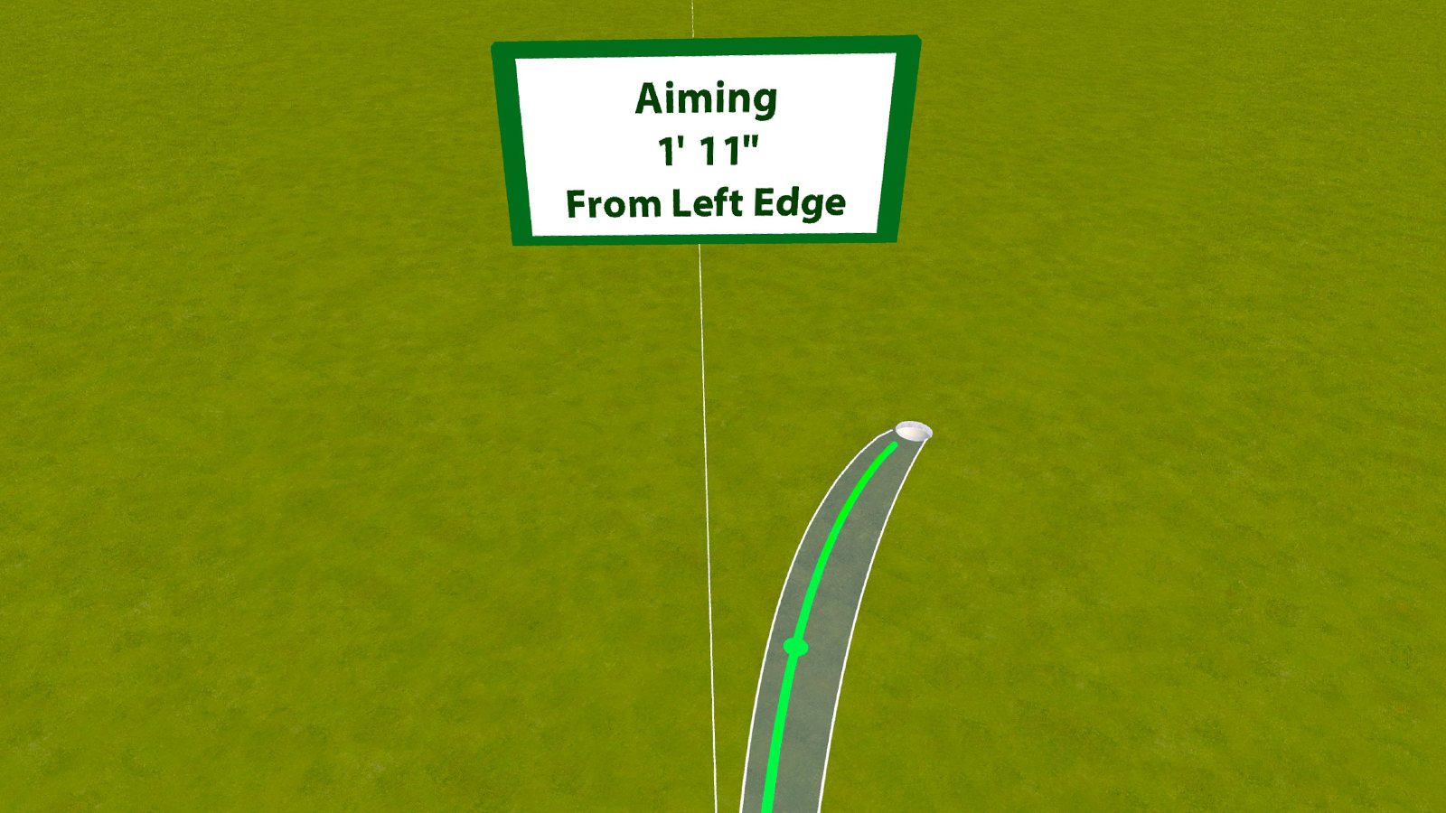 The optimal line drawn from the ball: a curved roll zone with the apex marked, and a sign reading Aiming 1 foot 11 inches from left edge.