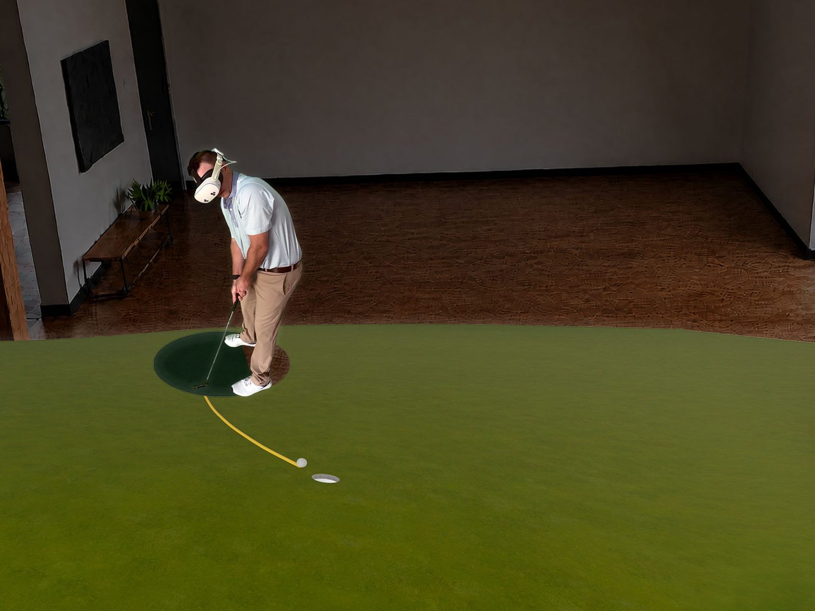 A golfer in a Meta Quest headset putting on a virtual green rendered across a living room floor.