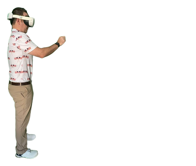 A golfer standing in a Meta Quest headset, facing his putting direction, one hand raised to open the app.