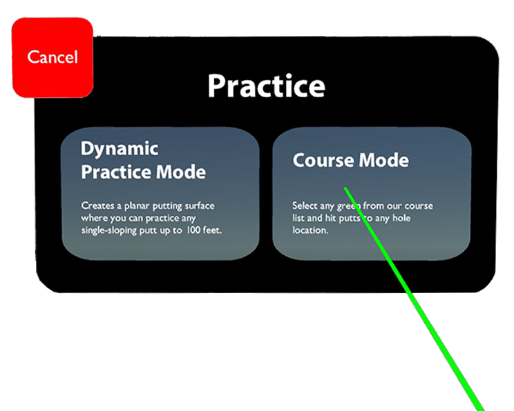 The Practice menu in the headset: Dynamic Practice Mode and Course Mode side by side, with a hand ray pointing at Course Mode.
