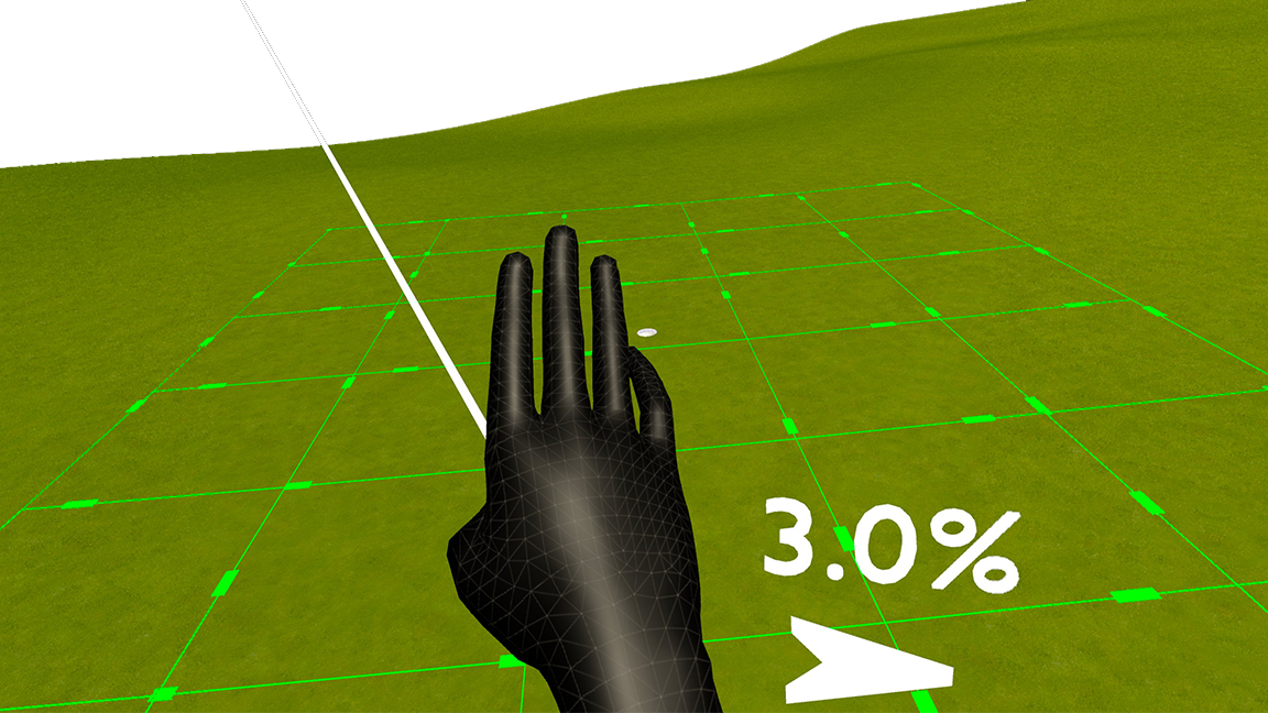A virtual hand held up over the green with three fingers raised, a hand ray pointing at the surface, and a slope reading of 3.0% with an arrow showing the direction of fall.